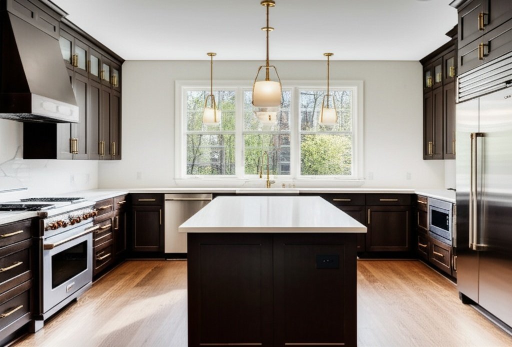 Luxurious modern kitchen remodel in Missouri City with white quartz countertops and gold hardware